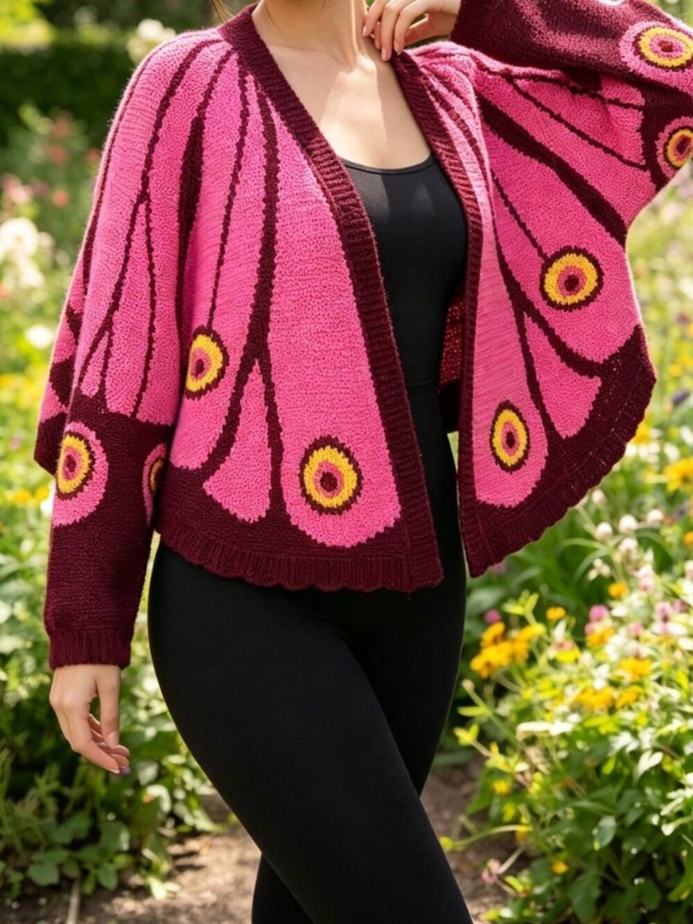 Pink Casual Women's V-Neck Batwing Sleeve Long Sleeve Knit Cardigan
